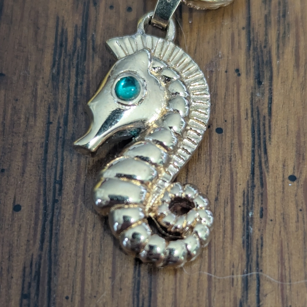 Monet Gold Seahorse Charm with Green Gem